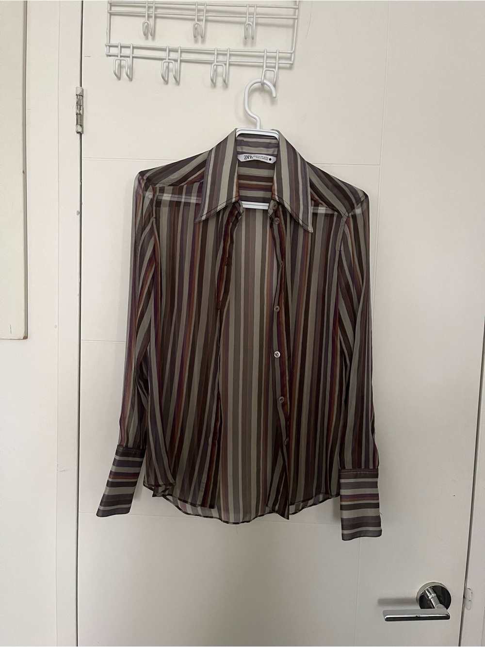 XS Zara Sheer Vertical Stripe Long-Sleeve Shirt